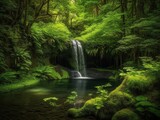 A lush green forest with a stunning waterfall as the centerpiece
