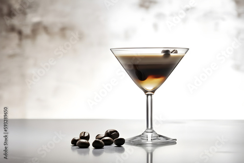 Espresso Martini Cocktail based on coffee, liqueur and vodka isolated on light background, copy space for text. Served in an elegant martini glass, garnished with beans of coffee. Generative AI
