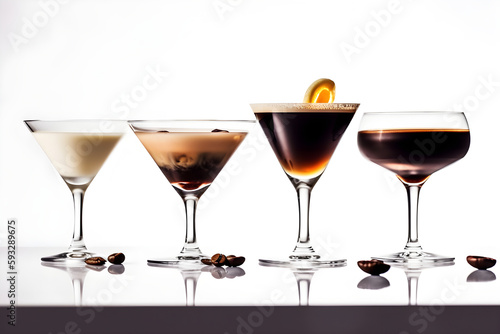Set of classic coffee based alcohol cocktails such as espresso martini and other trendy soft and long drinks isolated on white background with copy space for text. Generative AI
