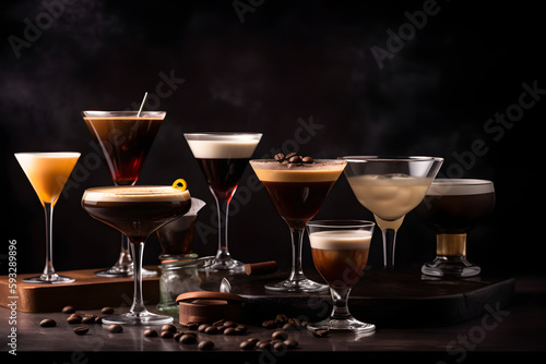 Set of classic coffee based alcohol cocktails such as espresso martini and other trendy cocktails isolated on dark background with copy space. Banner with soft and alcohol drinks. Generative AI photo