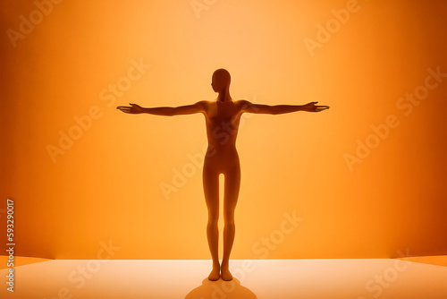 Human in full body suit with arms outstretched in front of a wall in orange color, surreal minimalistic, made with generative ai