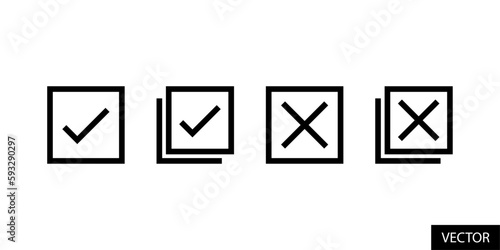 Select, check all, deselect, uncheck all, tick and cross mark in box vector icons in line style design for website, app, UI, isolated on white background. Editable stroke. Vector illustration.