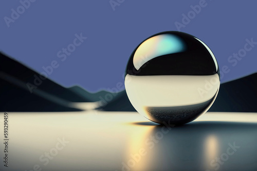 Shiny reflective silver metal perfect sphere on a smooth surface against a blurred mountain background  made with generative ai
