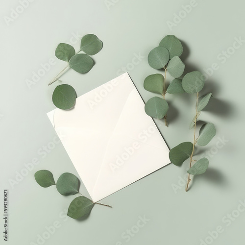 White card mockup with green leaves. Illustration AI Generative.