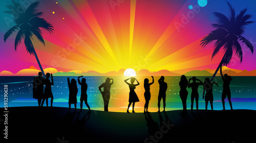 Summer disco party background. Illustration AI Generative.