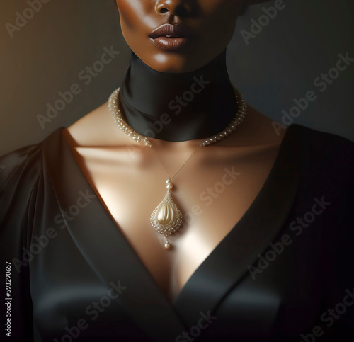 Minimalist image of decolette of black woman with a necklace with beads and pendants, made with generative ai photo