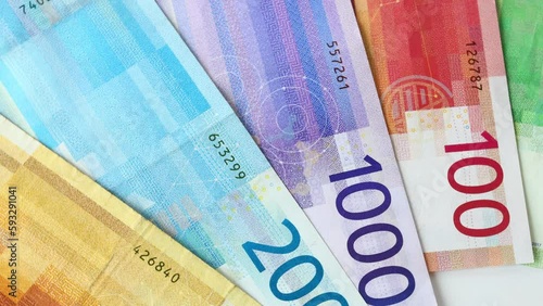 Norwegian money rotating, Financial and economic concept, All kroner banknotes, Lottery, wheel of fortune, financial success