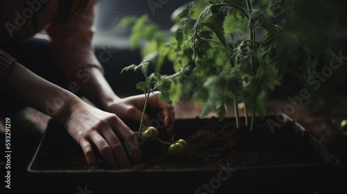 Woman planting tomato. Illustration AI Generative.
