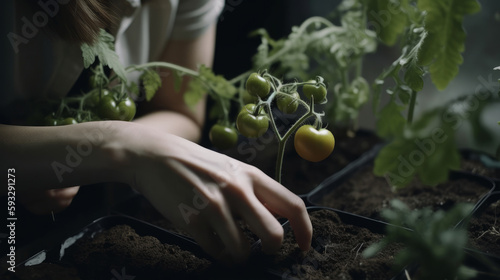 Woman planting tomato. Illustration AI Generative.