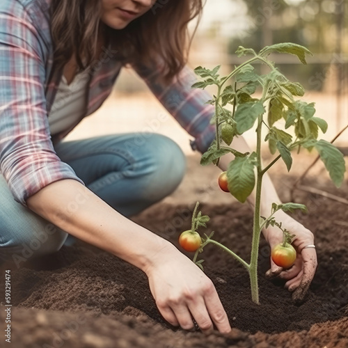 Woman planting tomato. Illustration AI Generative.