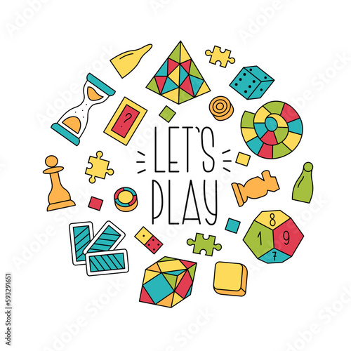 Lets Play Phrase Decorated with Doodle Hand Drawn Design Elements. Board Games Vector Illustration. Leisure Home Entertainment Collection.