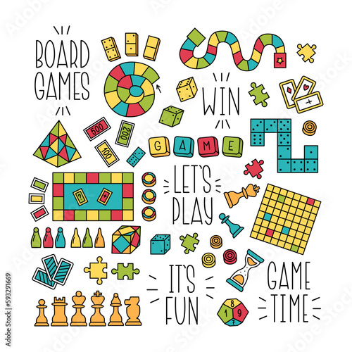 Board Games for Whole Family Collection. Colorful Vector Doodle Illustration of different Games. Home Entertainment and Hobby Design Elements.