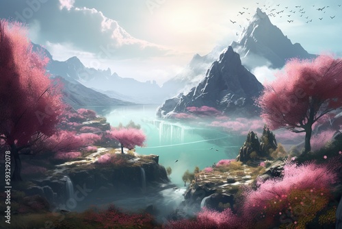 mountains flowers water . Generative AI .