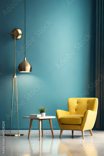 Modern interior  bright yellow chair in a living room with a blue wall and a lamp
