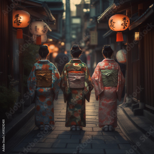 Geishas seen from behind, traditionally clothed in kimono, Japanese street, sundown, lampignons hanging from the ancient town facades - AI generated