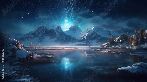 Mystic Foggy River Water Surreal Space Landscape. Surreal landscape of the bright full star reflecting on river water with planets in space. Generative AI.