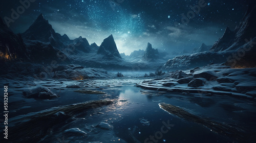 Mystic Foggy River Water Surreal Space Landscape. Surreal landscape of the bright full star reflecting on river water with planets in space. Generative AI.