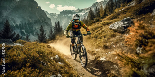 Mountainbiker Mountainbiking im Wald Trail Sommer Winter Illustration Digital Art Generative AI Hintergrund Sport Leistung Action © Korea Saii