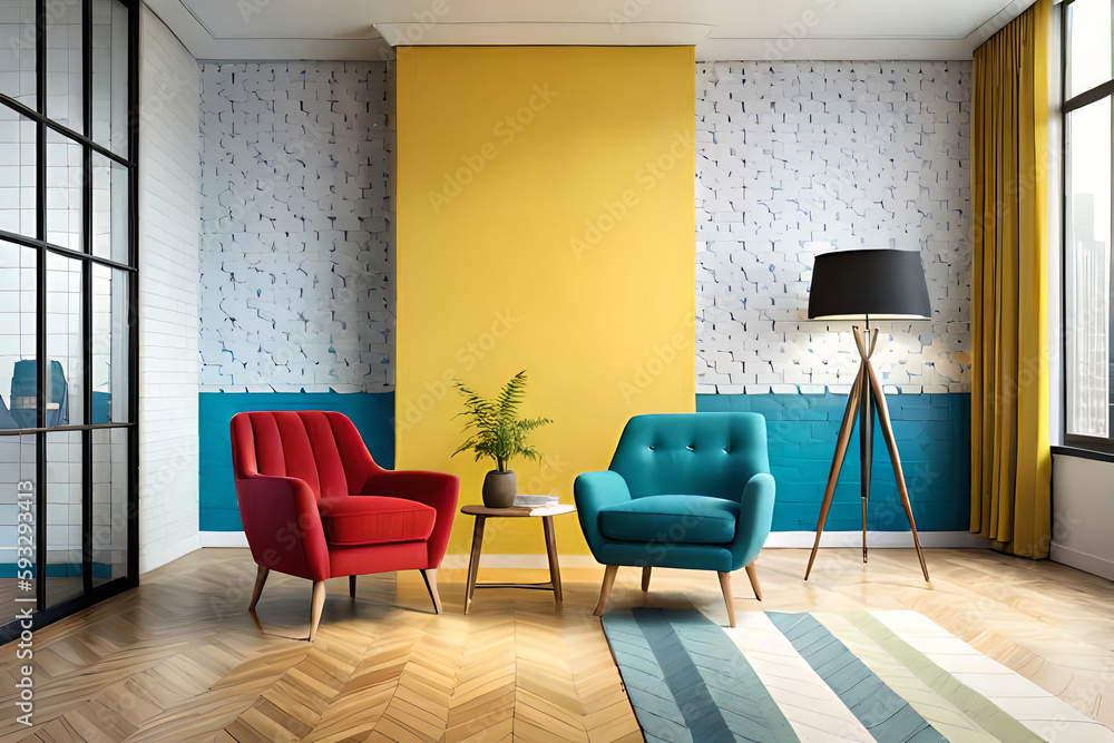 Modern interior, bright yellow chair in a living room with a blue wall and a lamp Modern interior, bright yellow chair in a living room with a blue wall and a lamp