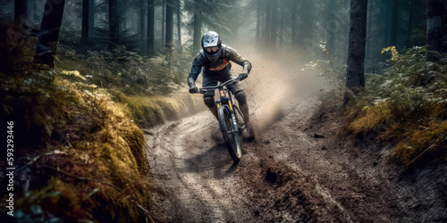 Mountainbiker Mountainbiking im Wald Trail Sommer Winter Illustration Digital Art Generative AI Hintergrund Sport Leistung Action 