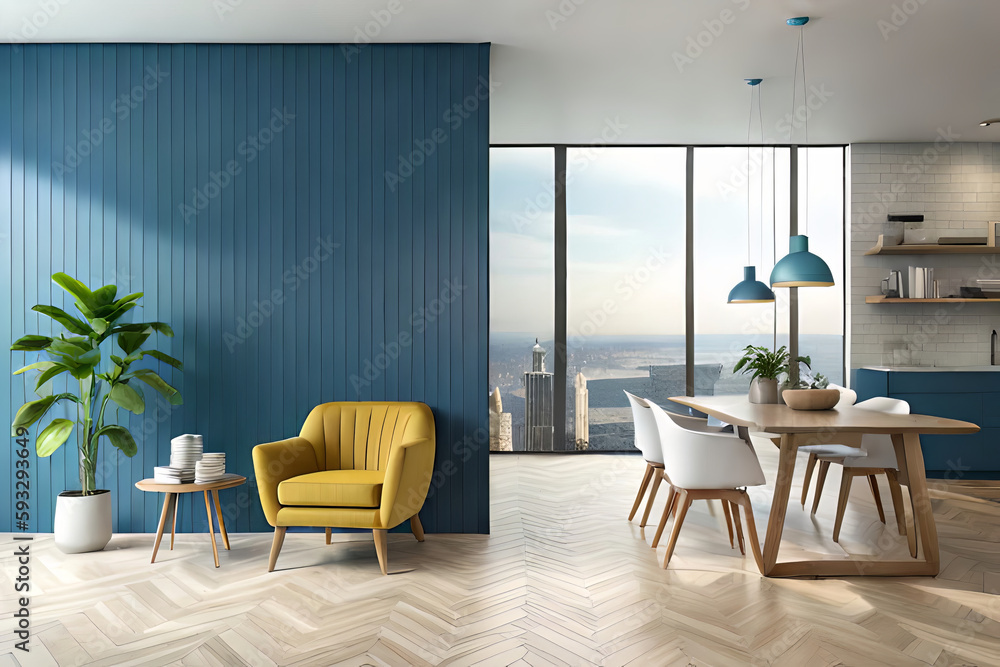 Fototapeta premium Modern interior, bright yellow chair in a living room with a blue wall and a lamp