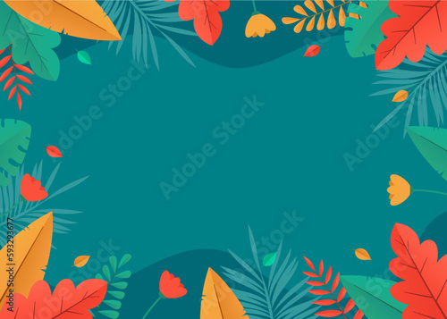 background design with flat illustrations of various plants and leaves