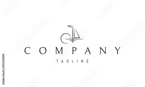 Vector logo on which an abstract image of a yacht on the sea against the backdrop of a sunny dawn.