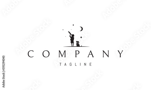 Vector logo on which an abstract image of a child with a spyglass studying the starry sky with his pet.