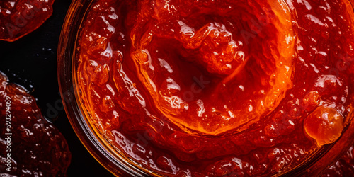 tasty sweet morning fruit marmalade in a glass, top view, close up, created with generative ai