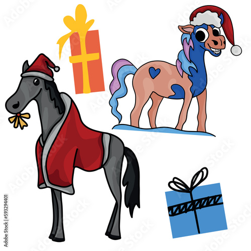 Cute vector cartoon illustration ready to print: Merry Christmas happy horse Santa Claus character  photo