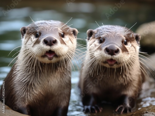 A pair of otters caught in a playful moment, making silly faces photo
