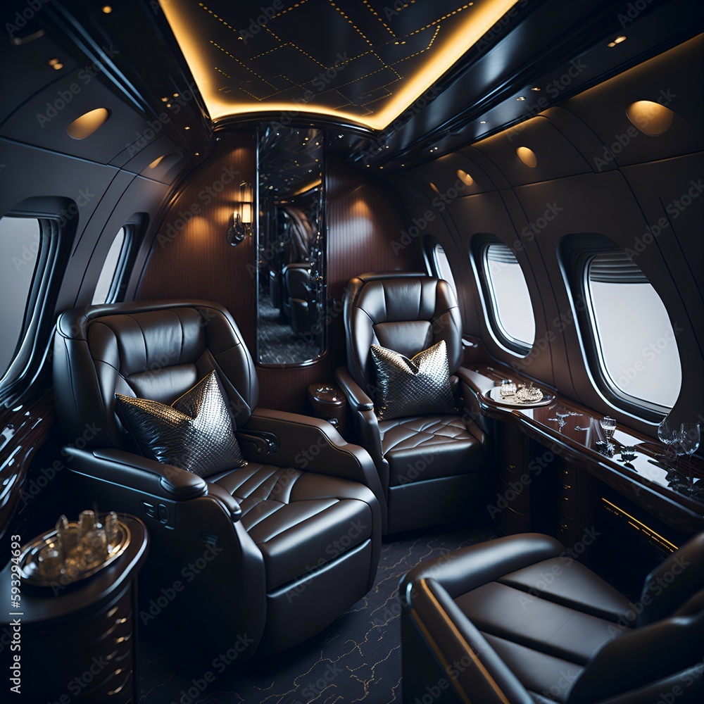 Luxury interior of a business jet with comfortable leather seats. Generative AI