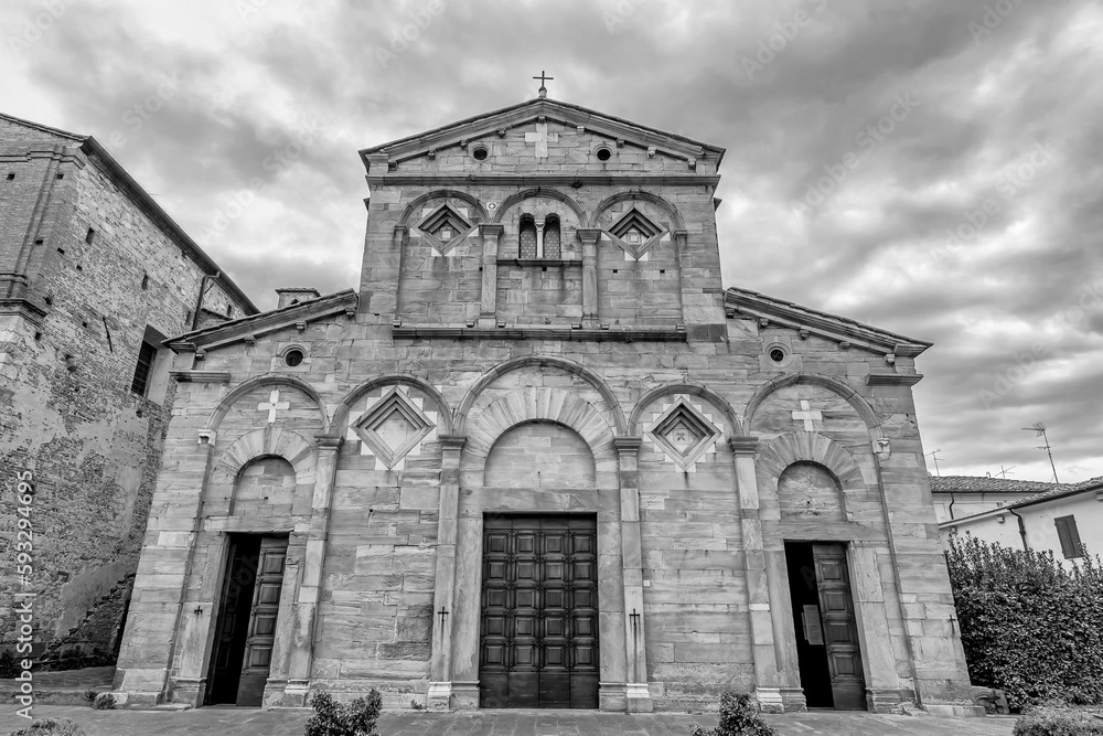 Black and white view of the Pieve di San Giovanni and Santa Maria Assunta church, Cascina, Italy