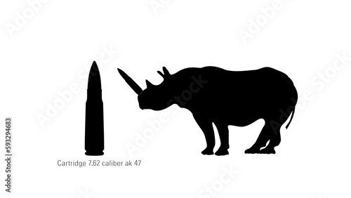 bullet rhino, Cartridge 7.62 caliber AK47, rhinoceros with a bullet instead of a horn, vector illustration