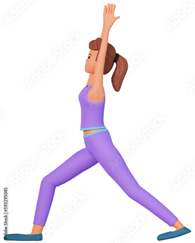 3d illustration of woman doing yoga exercise. A girl doing stretching exercise of yoga with raised hands and stretched legs side view 3d illustration