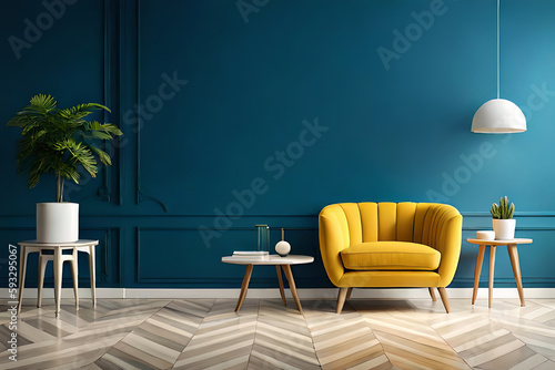 Modern interior  bright yellow chair in a living room with a blue wall and a lamp