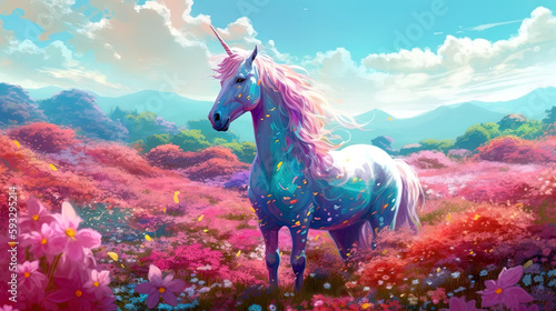 White unicorn on the meadow, unicorn with blooming mane, purity symbol, beautiful mythical creature, rare unicorn. Generative Ai. © Caphira Lescante