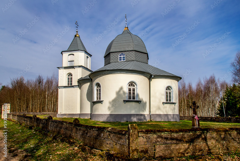 General view and architectural details of the Orthodox Church of the Nativity of St. John the Baptist built in 1929 in the village of Stara Grzybowszczyzna in Podlasie, Poland.