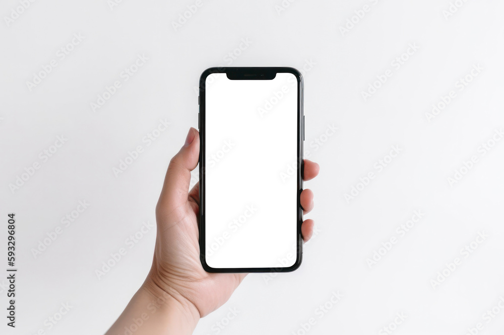 Beautiful female hand with sunlight holding modern mobile phone white screen isolated on white background Beautiful female hand with sunlight holding modern mobile phone white screen isolated on white background
