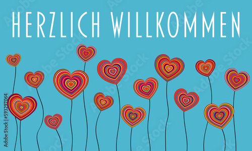 Herzlich Willkommen. Schriftzug in deutscher Sprache. Grußkarte mit bunten Herzeblumen auf blauem Hintergrund.