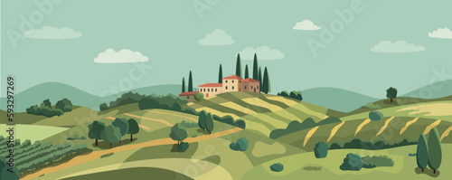 Italian village cartoon landscape with green hills and fields. Vector illustration. Flat design poster. European summer village. European countryside in fall. Country houses