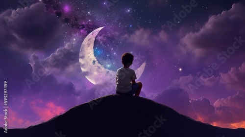 A dreamlike illustration of a child sitting on a hill against a night time purple sky background with stars. A.I. generated. 