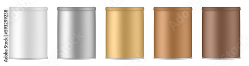 Set of aluminium canisters. White, silver, gold and brown tin containers. Tea or cookie jar. Round box for sugar or flour