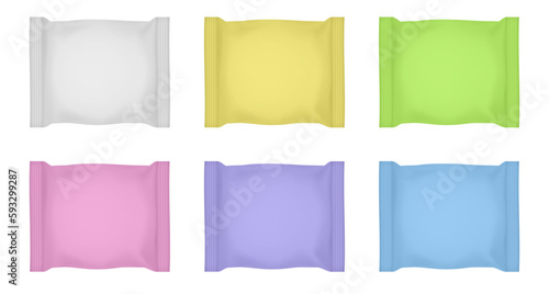 Set of white, yellow, green, pink, purple and blue  flow packs. Chocolate bar or ice cream wrapper. Silver foil bag. Realistic 3d mockup of a cookie snacks. Pouch
