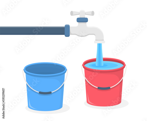 Faucet filling red bucket with water and blue bucket standing near, vector eps10 illustration