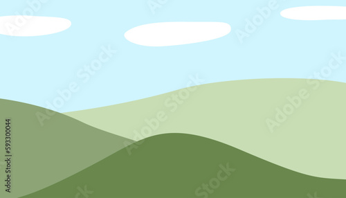Summer landscape with hills   sky and cloud. horizon. Cartoon flat scene with pastel blue sky and cloud   green mountain. Colorful mountain vector illustration