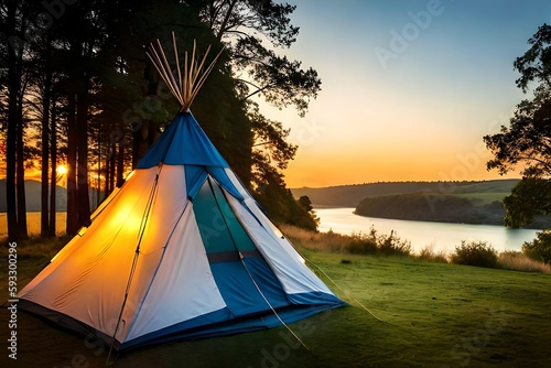 tent on the riverside, camping on the riverside, landscape background