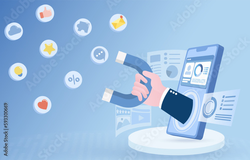 Digital marketing ideas. Social media advertising campaigns. Search engines, websites and emails, analytics, development and use of creative content. Targeting and analytics. Vector illustration.