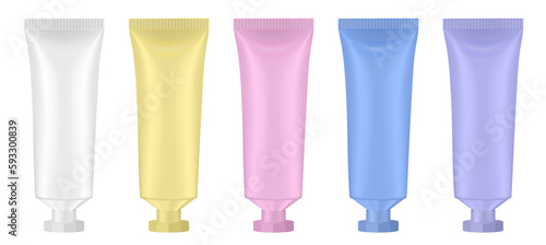 Set of multicolored tubes. 3d mockup. Purple, blue, pink, yellow and white colors. Hand cream
