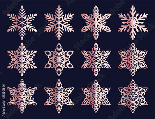 Set of laser cutting openwork snowflakes. Vector silhouette of christmas decoration. Template for paper isolated on blue background. Stencil for scrapbooking, carved wood.	